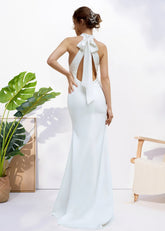 Harriet | Simple Mermaid Halter Neck Backless White Satin Wedding Dress with Bow - Price #price_variant_lowest# - White - PromDressClub